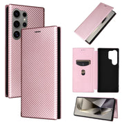 For Samsung Galaxy S25 Ultra 5G Carbon Fiber Texture Flip Leather Phone Case(Pink)