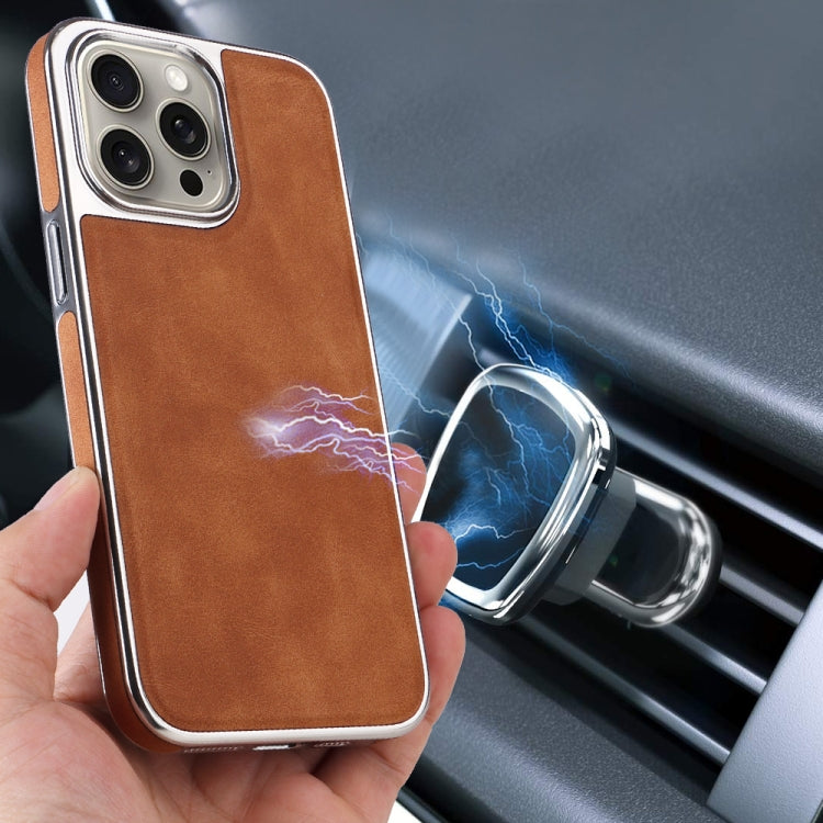 For iPhone 16 Electroplated Side PU Hybrid TPU MagSafe Phone Case(Brown) - iPhone 16 Cases by PMC TechLife | Online Shopping South Africa | PMC TechLife | Buy Now Pay Later Mobicred