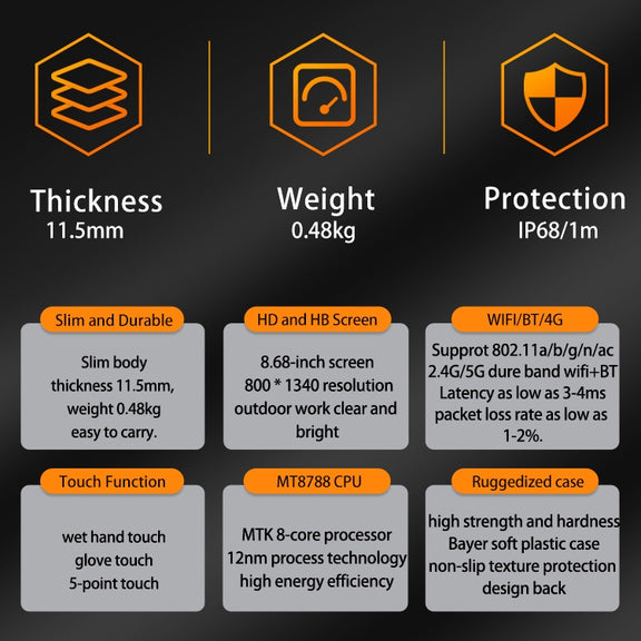 CENAVA A868T IP68 Rugged Tablet PC, 6GB+128GB, 8.68 inch Android 13 MT8788 Octa Core, 4G Network(US Plug)