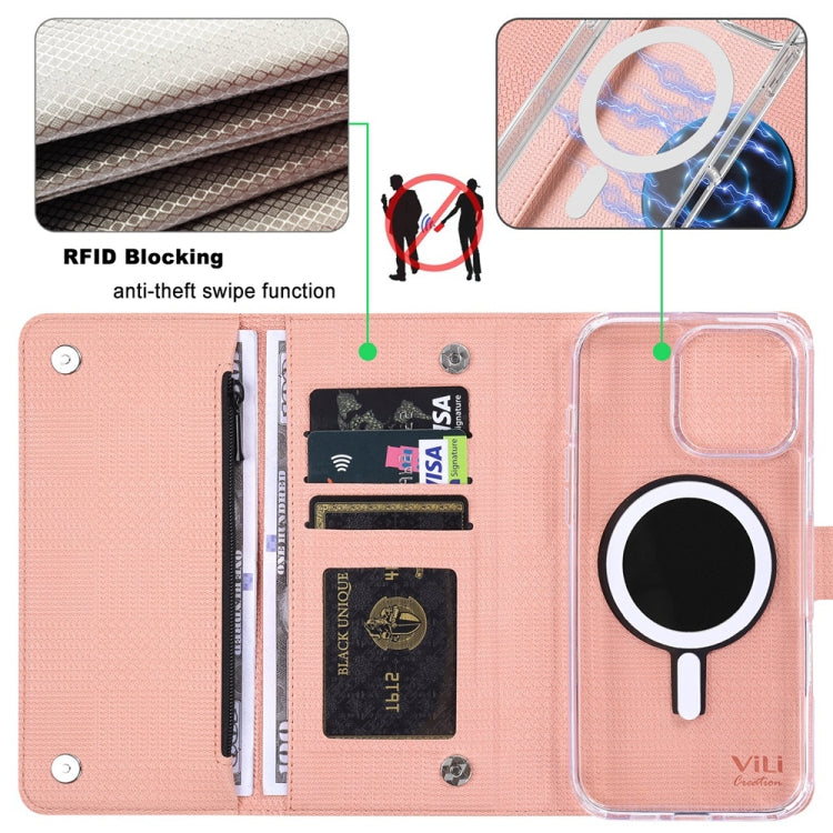 For iPhone 15 Plus ViLi GHB-C Series RFID MagSafe Magnetic Flip Leather Phone Case(Pink)