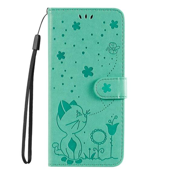 For Samsung Galaxy S25 Ultra 5G Cat and Bee Embossed Flip Leather Phone Case(Green)