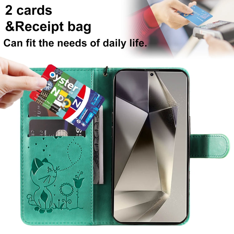 For Samsung Galaxy S25 Ultra 5G Cat and Bee Embossed Flip Leather Phone Case(Green)