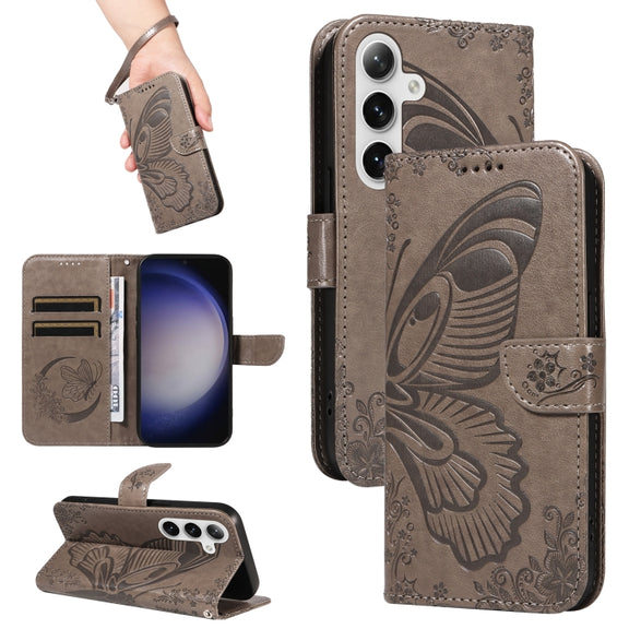 For Samsung Galaxy S25 / S24 5G Swallowtail Butterfly Embossed Leather Phone Case(Grey)