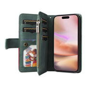 For iPhone 16 Plus Dual-color 9 Card Slots Zipper Wallet Leather Phone Case(Green)