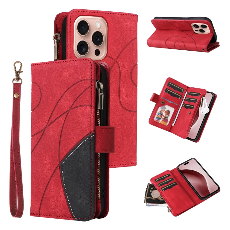 For iPhone 16 Pro Dual-color 9 Card Slots Zipper Wallet Leather Phone Case(Red) - iPhone 16 Pro Cases by PMC TechLife | Online Shopping South Africa | PMC TechLife | Buy Now Pay Later Mobicred