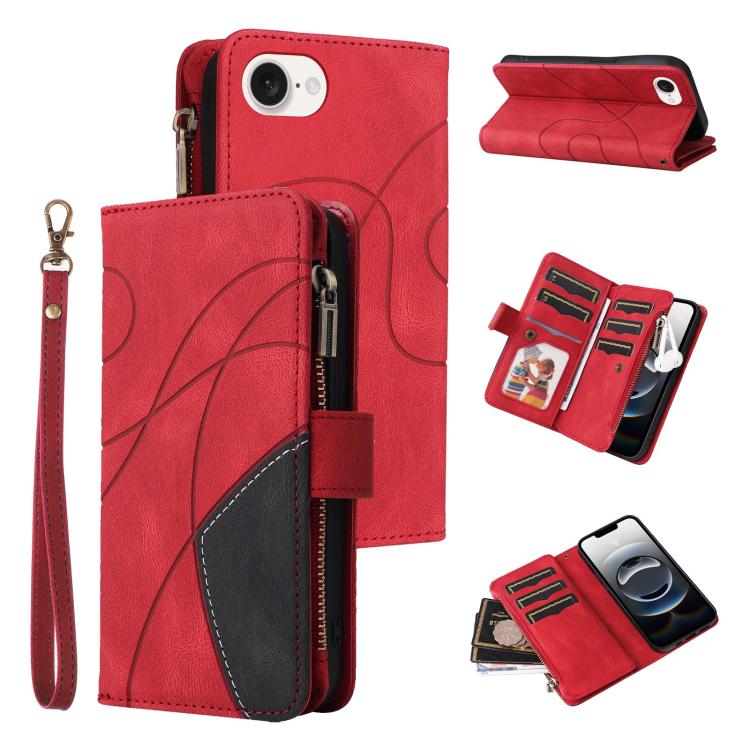 For iPhone 16e Dual-color 9 Card Slots Zipper Wallet Leather Phone Case(Red) - iPhone 16e Cases by PMC TechLife | Online Shopping South Africa | PMC TechLife | Buy Now Pay Later Mobicred