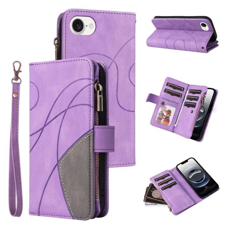 For iPhone 16e Dual-color 9 Card Slots Zipper Wallet Leather Phone Case(Purple) - iPhone 16e Cases by PMC TechLife | Online Shopping South Africa | PMC TechLife | Buy Now Pay Later Mobicred