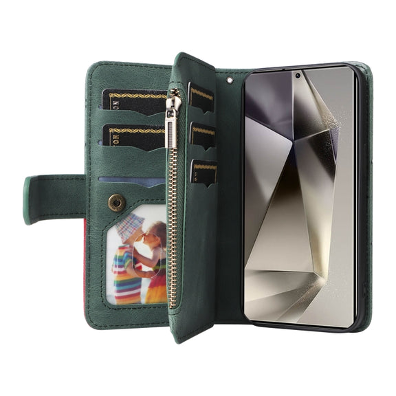 For Samsung Galaxy S25 Ultra 5G Dual-color 9 Card Slots Zipper Wallet Leather Phone Case(Green)