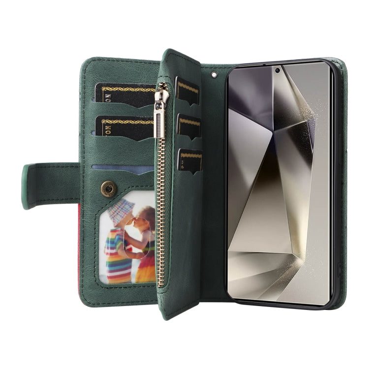 For Samsung Galaxy S25 Ultra 5G Dual-color 9 Card Slots Zipper Wallet Leather Phone Case(Green)