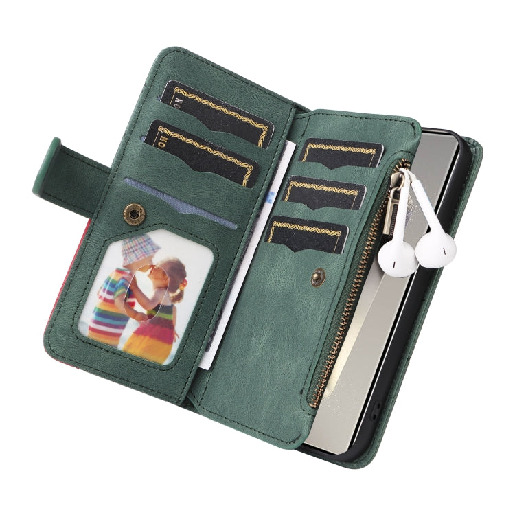 For Samsung Galaxy S25 Ultra 5G Dual-color 9 Card Slots Zipper Wallet Leather Phone Case(Green)