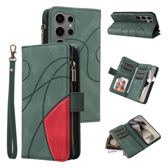 For Samsung Galaxy S25 Ultra 5G Dual-color 9 Card Slots Zipper Wallet Leather Phone Case(Green)