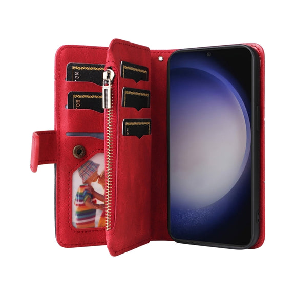 For Samsung Galaxy S25 / S24 5G Dual-color 9 Card Slots Zipper Wallet Leather Phone Case(Red)