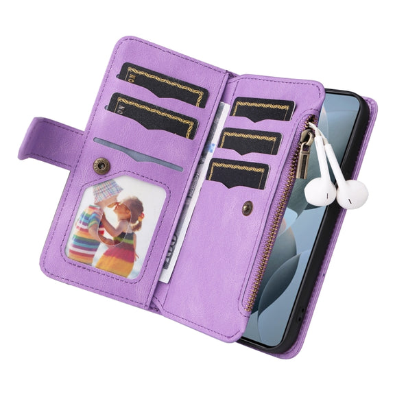 For Redmi K70 Dual-color 9 Card Slots Zipper Wallet Leather Phone Case(Purple)