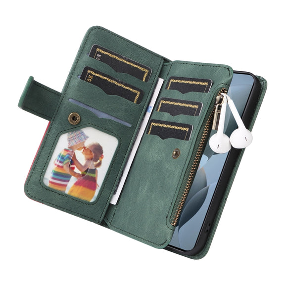 For Redmi K70 Dual-color 9 Card Slots Zipper Wallet Leather Phone Case(Green)
