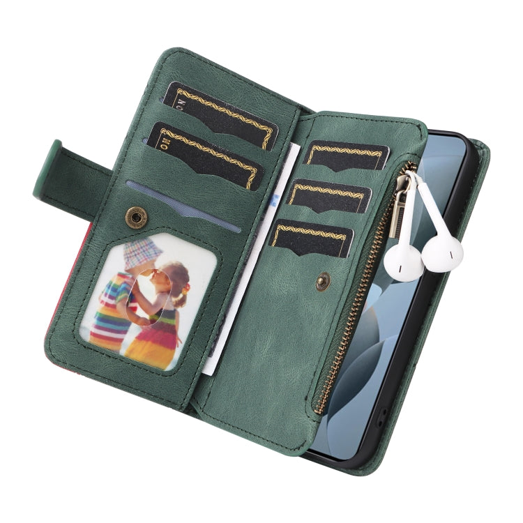 For Redmi K70 Dual-color 9 Card Slots Zipper Wallet Leather Phone Case(Green)