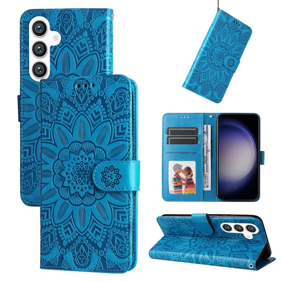 For Samsung Galaxy S25 5G Embossed Sunflower Leather Phone Case(Blue)