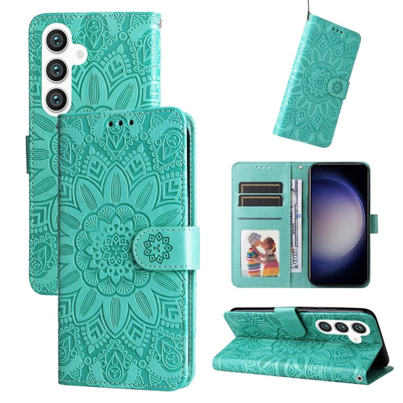 For Samsung Galaxy S25+ 5G Embossed Sunflower Leather Phone Case(Green)