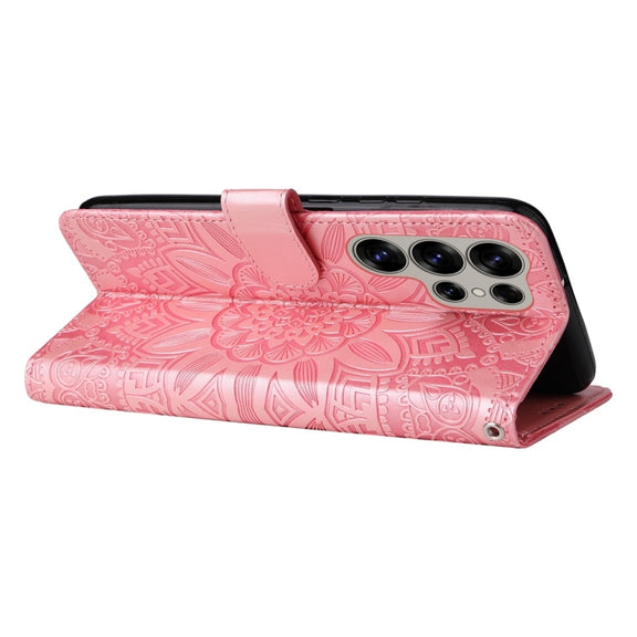 For Samsung Galaxy S25 Ultra 5G Embossed Sunflower Leather Phone Case(Rose Gold)
