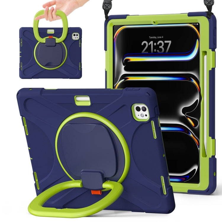 For iPad Pro 13 2024 Silicone Hybrid PC Tablet Case with Holder & Shoulder Strap(Navy Blue Lime) - free shipping - PMC Jewellery - Order now!