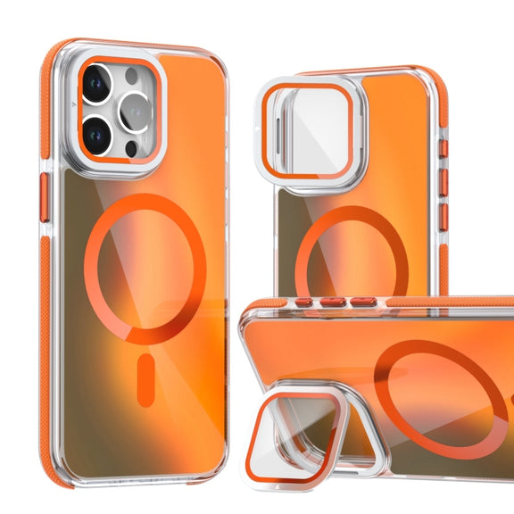 For iPhone 16 Pro Max MagSafe Gradient Color Lens Film Phone Case with Lens Fold Holder(Orange)