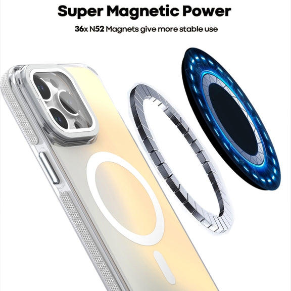 For iPhone 16 Pro MagSafe Gradient Color Lens Film Phone Case with Lens Fold Holder(White)