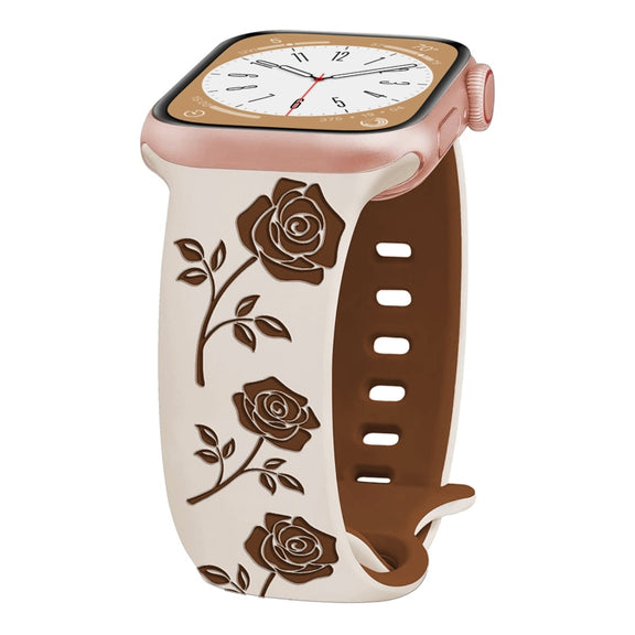 For Apple Watch SE 2023 44mm Two-color Rose Engraved Silicone Watch Band(Starlight Caramel)