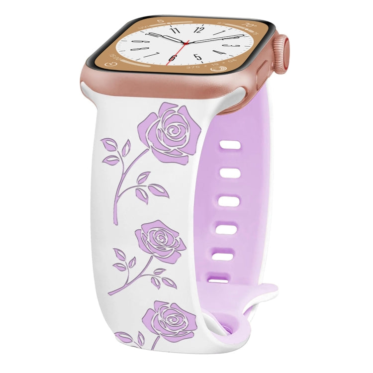 For Apple Watch SE 2023 40mm Two-color Rose Engraved Silicone Watch Band(White Purple)