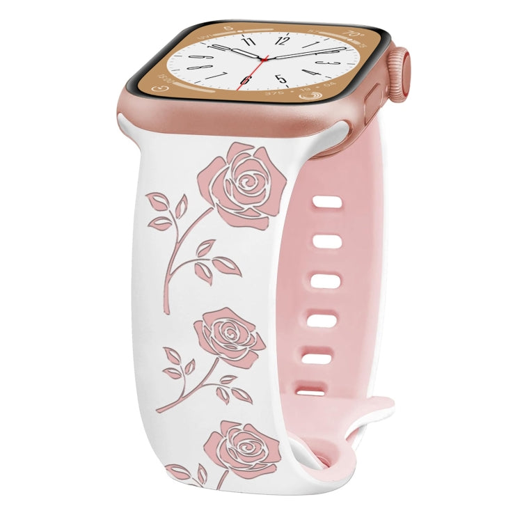 For Apple Watch Series 9 45mm Two-color Rose Engraved Silicone Watch Band(White Pink)