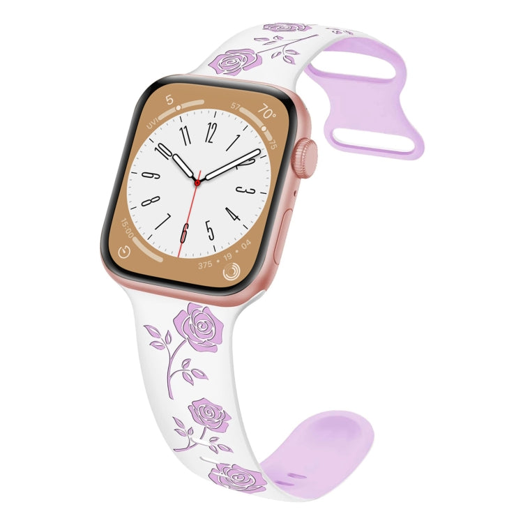 For Apple Watch Series 9 41mm Two-color Rose Engraved Silicone Watch Band(White Purple) - free shipping - PMc TechLife - Order now!
