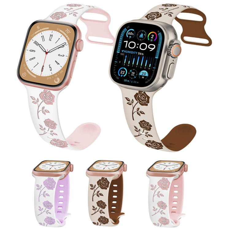 For Apple Watch SE 40mm Two-color Rose Engraved Silicone Watch Band(Starlight Caramel)