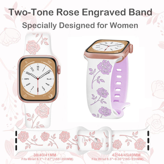 For Apple Watch SE 2022 44mm Two-color Rose Engraved Silicone Watch Band(White Purple)