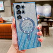 For Samsung Galaxy S25 Ultra 5G Dual-Love Leaves Gradient Glitter MagSafe TPU Phone Case(Blue)