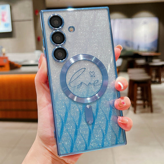 For Samsung Galaxy S25+ 5G Dual-Love Leaves Gradient Glitter MagSafe TPU Phone Case(Blue)
