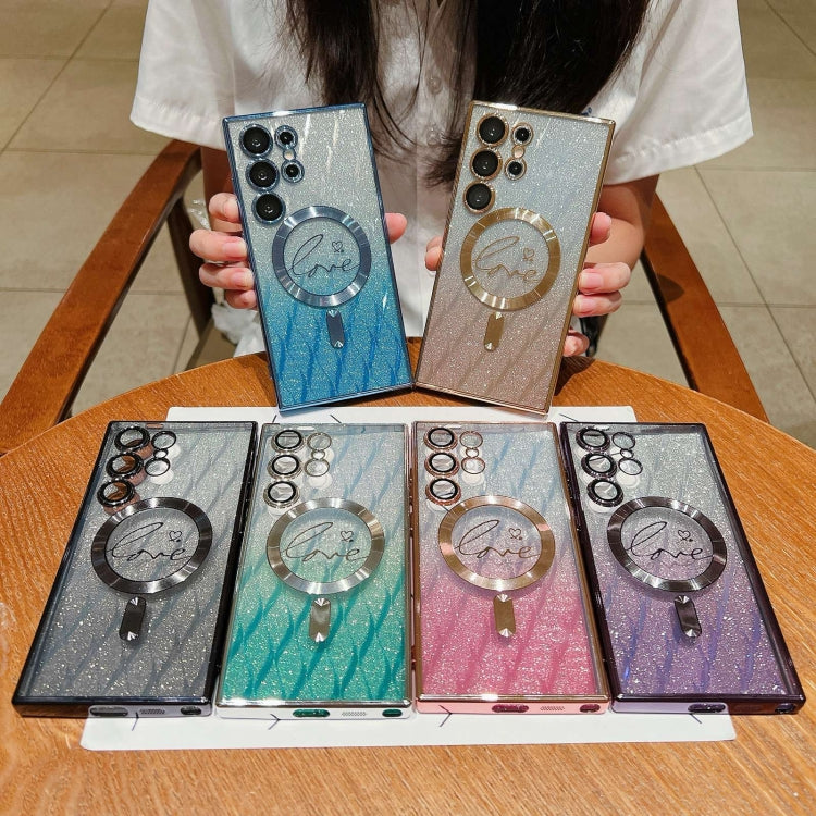 For Samsung Galaxy S25 Ultra 5G Dual-Love Leaves Gradient Glitter MagSafe TPU Phone Case(Pink) - Galaxy S25 Ultra 5G Cases by PMC TechLife | Online Shopping South Africa | PMC TechLife | Buy Now Pay Later Mobicred