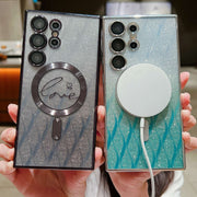 For Samsung Galaxy S25+ 5G Dual-Love Leaves Gradient Glitter MagSafe TPU Phone Case(Blue)