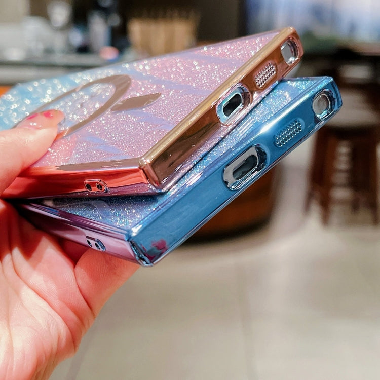 For Samsung Galaxy S25+ 5G Dual-Love Leaves Gradient Glitter MagSafe TPU Phone Case(Blue)