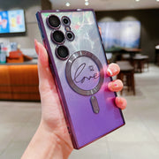 For Samsung Galaxy S25 Ultra 5G Dual-Love Feather Gradient Glitter MagSafe TPU Phone Case(Purple)