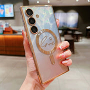 For Samsung Galaxy S25 5G Dual-Love Feather Gradient Glitter MagSafe TPU Phone Case(Gold)