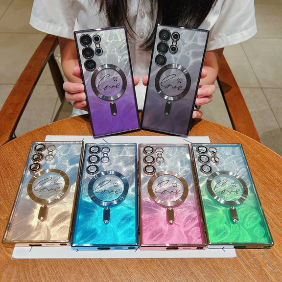 For Samsung Galaxy S25 Ultra 5G Dual-Love Feather Gradient Glitter MagSafe TPU Phone Case(Purple)