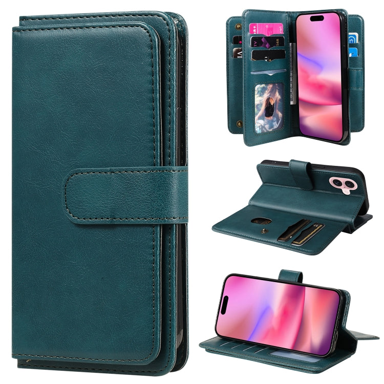 For iPhone 16 Multi-Function Wallet 10 Card Slots Leather Phone Case(Dark Green) - iPhone 16 Cases by PMC TechLife | Online Shopping South Africa | PMC TechLife | Buy Now Pay Later Mobicred