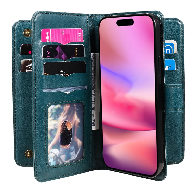 For iPhone 16 Multi-Function Wallet 10 Card Slots Leather Phone Case(Dark Green) - iPhone 16 Cases by PMC TechLife | Online Shopping South Africa | PMC TechLife | Buy Now Pay Later Mobicred