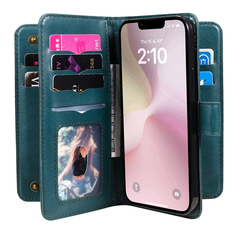 For iPhone 16e Multi-Function Wallet 10 Card Slots Leather Phone Case(Dark Green) - iPhone 16e Cases by PMC TechLife | Online Shopping South Africa | PMC TechLife | Buy Now Pay Later Mobicred