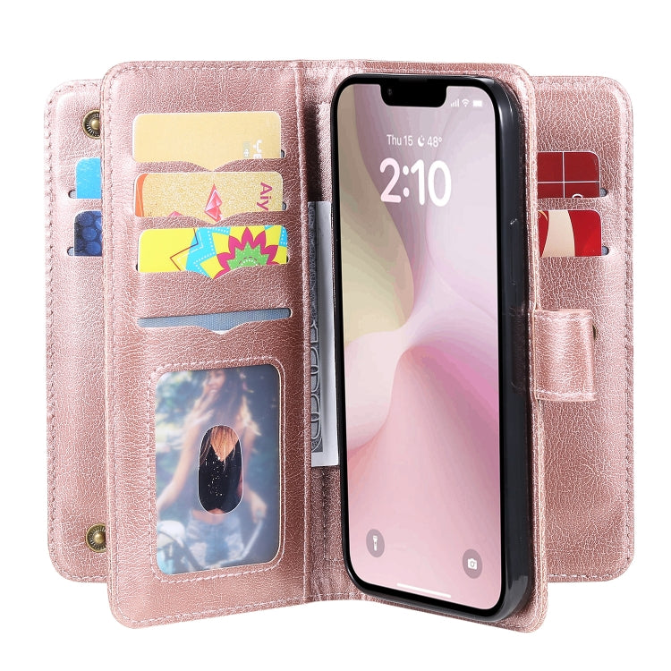 For iPhone 16e Multi-Function Wallet 10 Card Slots Leather Phone Case(Rose Gold)