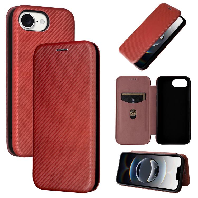 For iPhone 16e Carbon Fiber Texture Flip Leather Phone Case(Brown) - iPhone 16e Cases by PMC TechLife | Online Shopping South Africa | PMC TechLife | Buy Now Pay Later Mobicred