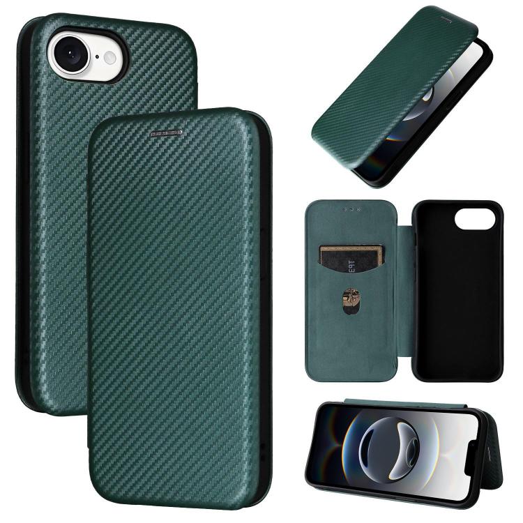 For iPhone 16e Carbon Fiber Texture Flip Leather Phone Case(Green) - iPhone 16e Cases by PMC TechLife | Online Shopping South Africa | PMC TechLife | Buy Now Pay Later Mobicred