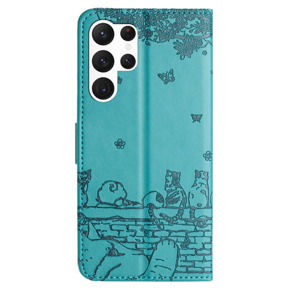 For Samsung Galaxy S25 Ultra 5G Cat Embossing Pattern Leather Phone Case with Lanyard(Blue)