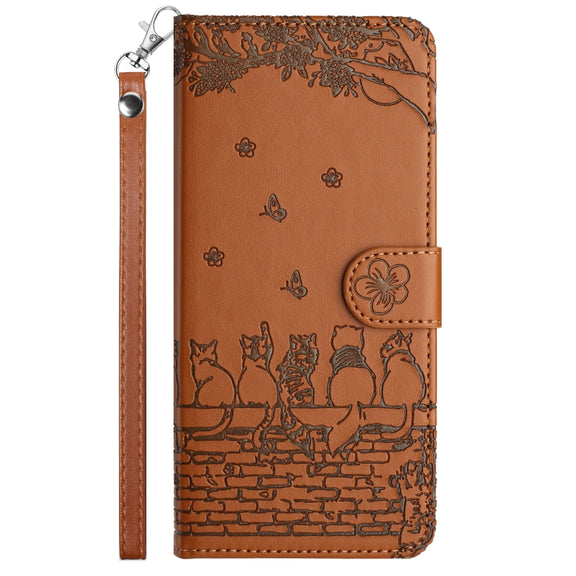 For Samsung Galaxy S25 Ultra 5G Cat Embossing Pattern Leather Phone Case with Lanyard(Brown)