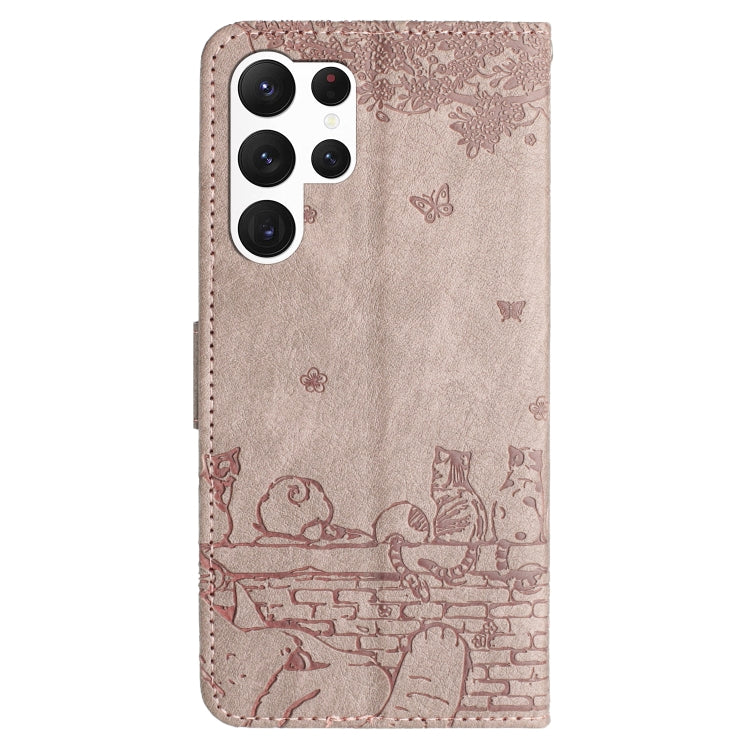 For Samsung Galaxy S25 Ultra 5G Cat Embossing Pattern Leather Phone Case with Lanyard(Grey)