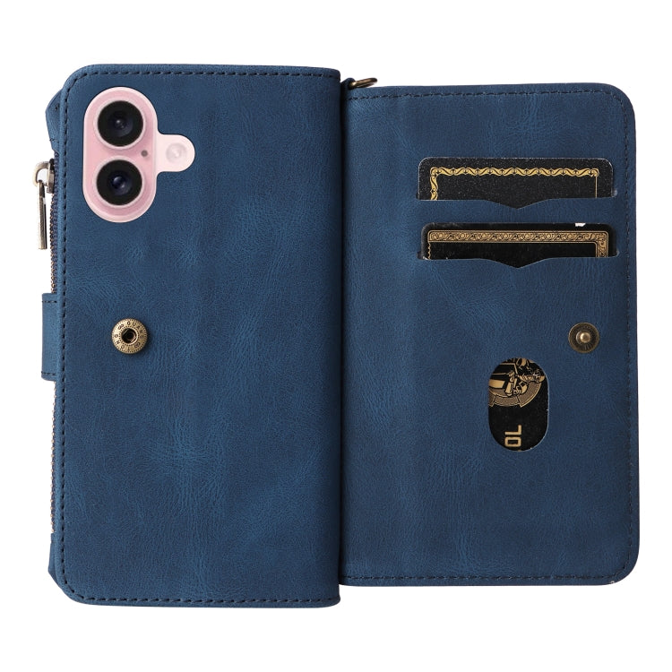For iPhone 16 Skin Feel Multi Card Slots Zipper Wallet Leather Phone Case(Blue) - iPhone 16 Cases by PMC TechLife | Online Shopping South Africa | PMC TechLife | Buy Now Pay Later Mobicred
