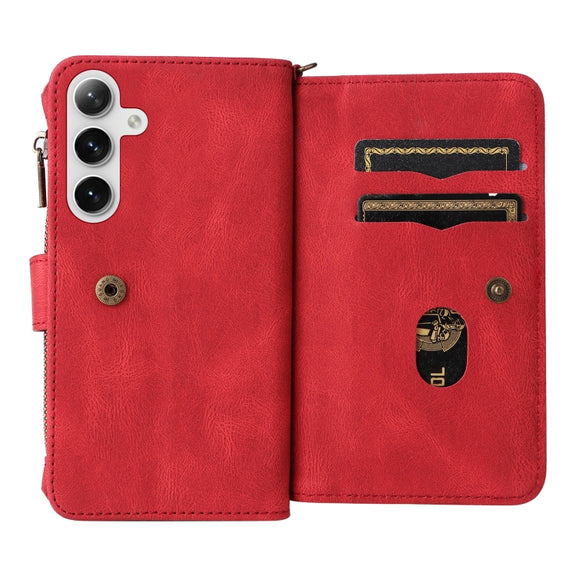 For Samsung Galaxy S25 / S24 5G Skin Feel Multi Card Slots Zipper Wallet Leather Phone Case(Red)
